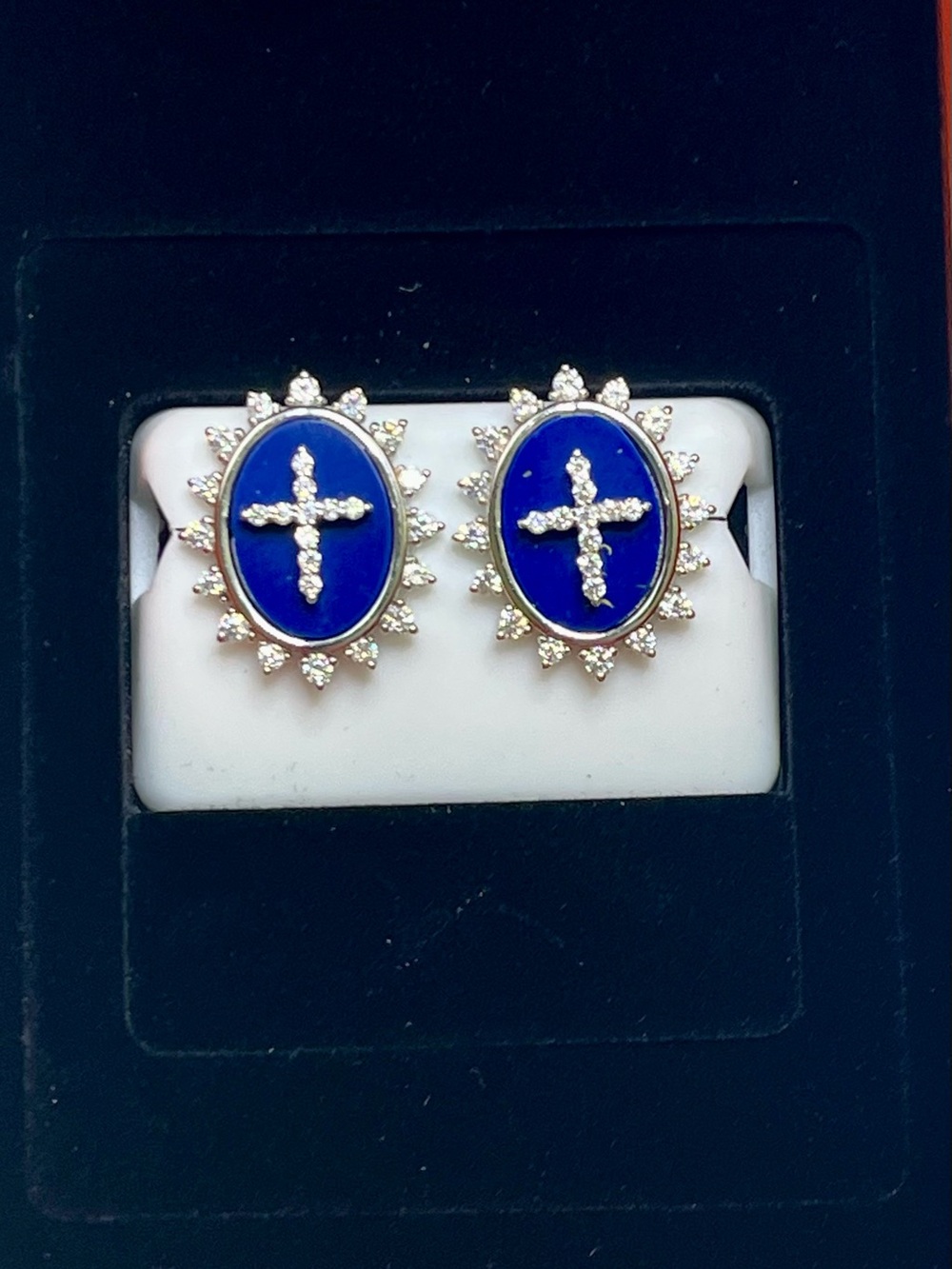 🆕 RARE Lapis Lazuli & Moissanite Cross Screwback earrings! 1.5ctwt $550 retail